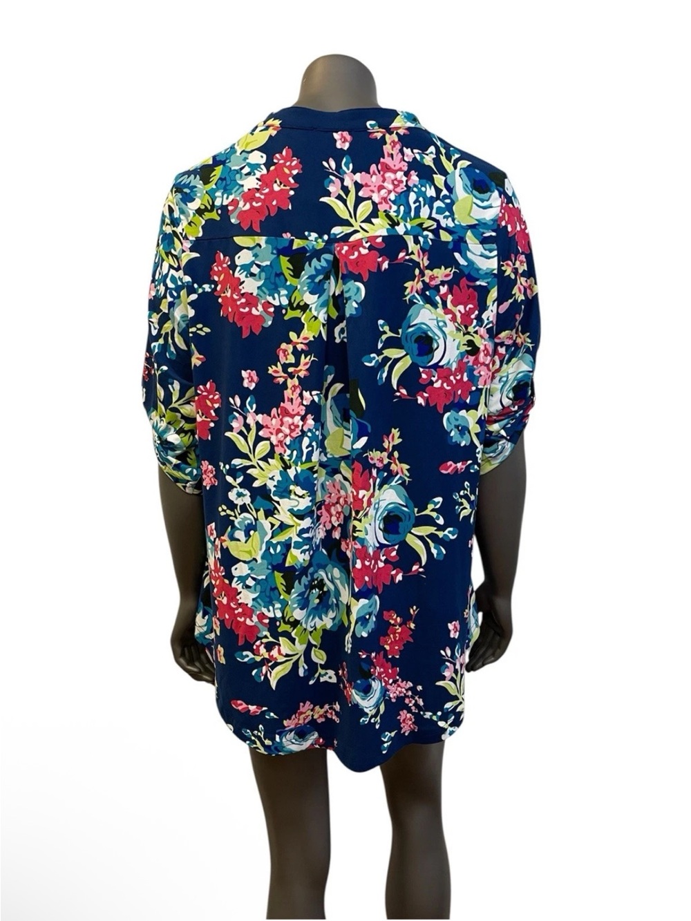 Othyroce Blouse Woman’s 1X Blue Floral Roll Up Sleeve Pleated Back Colorful Work - Picture 2 of 11